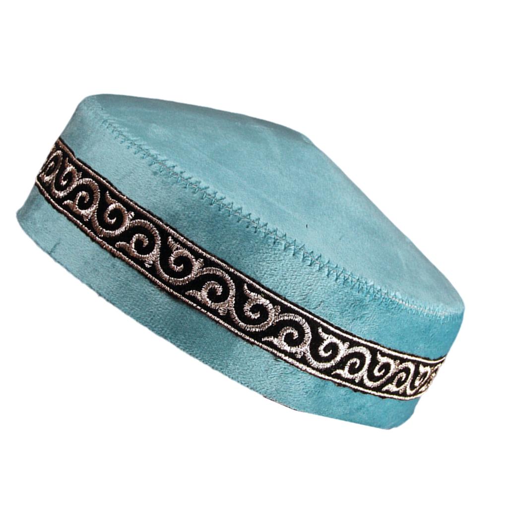 Handmade Muslim Cotton Cap For Dance Performances Traditional Embroidery Design Elegant Blue Green Turquoise Vintage Style Unisex Hat