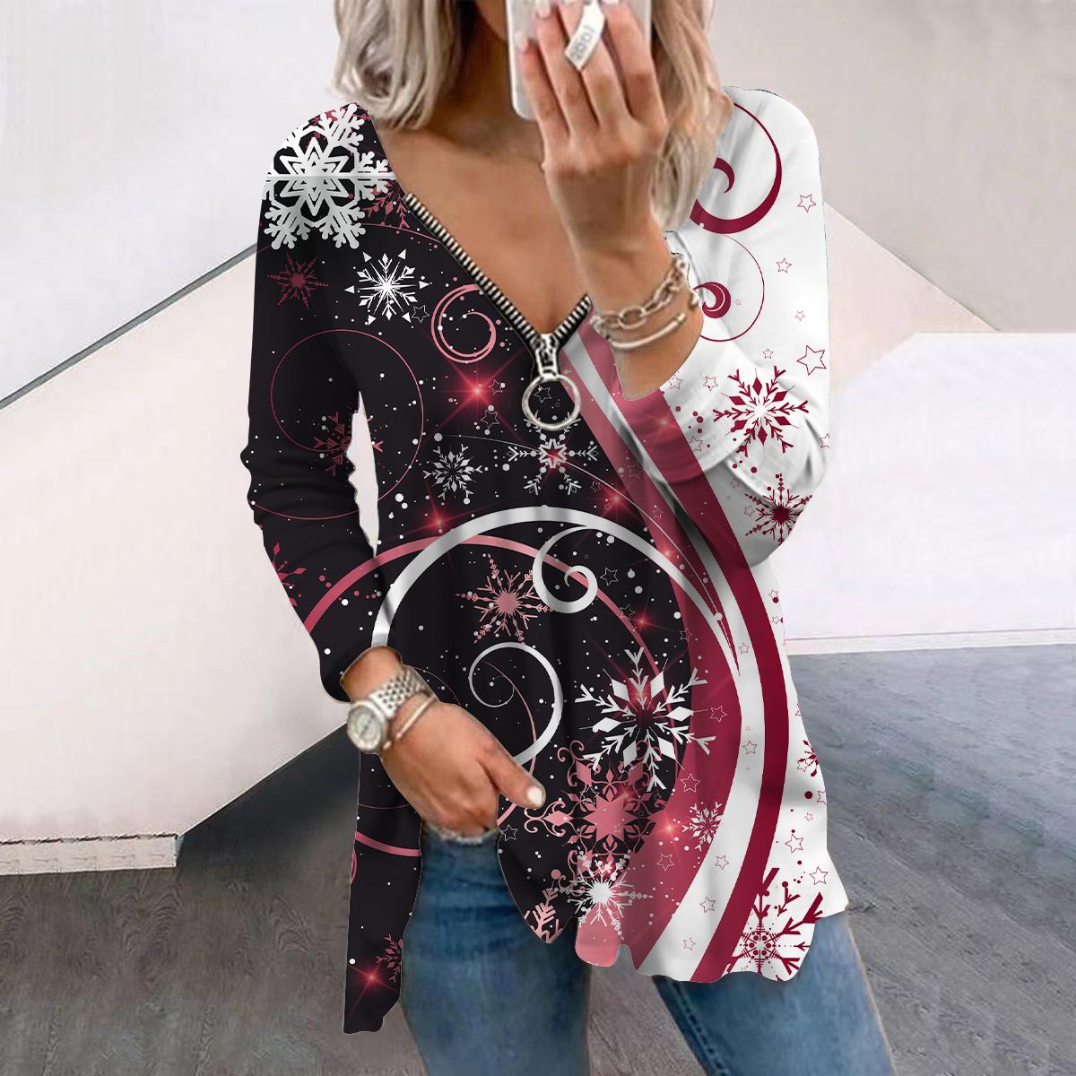 

Женские футболки с длинным рукавом и принтом «Осенние снежинки», свободные футболки больших размеров с V-образным вырезом, удобные блузки 8XL красный