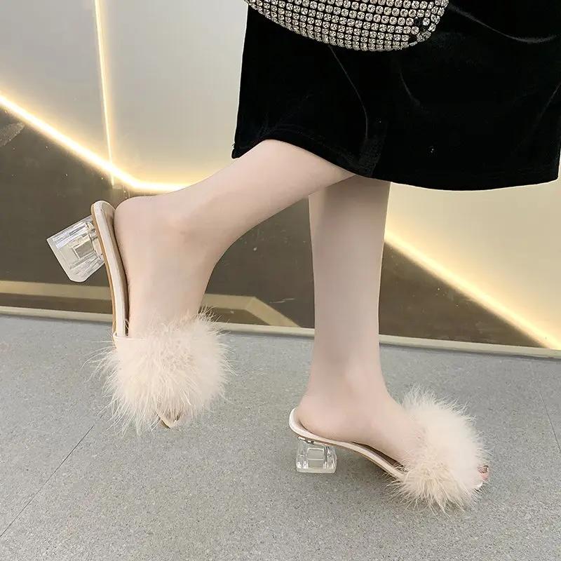 Women Summer Outdoor Fashion Slippers Square Toe High Heels Office Ladies Feather Slides Chic Classics Furry Shoes