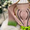 Elegant Beaded Embroidery Oversize Pleated Dress Women Summer Gradient Pink Green V Neck Ruffle Belt High Elastic Midi Dress