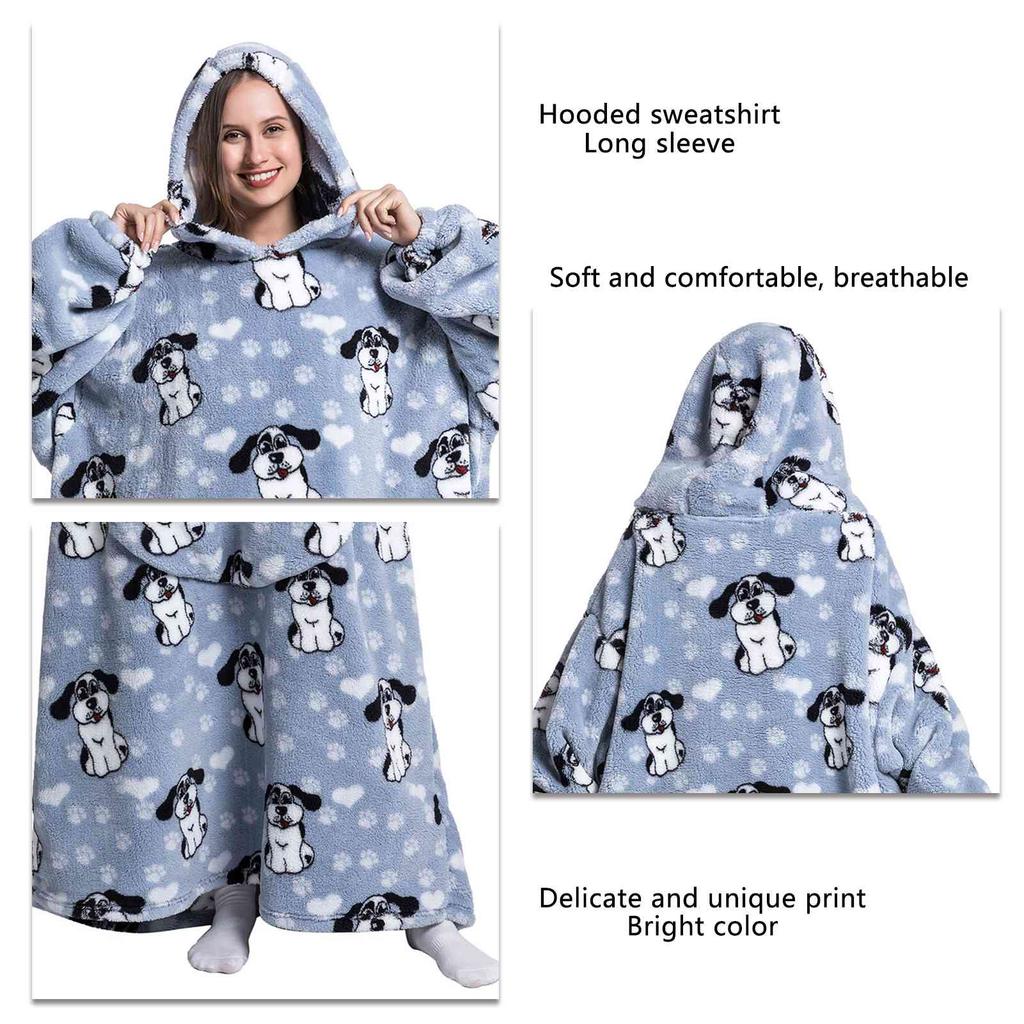 Giyilebilir Battaniye Kadın Ev Yumuşak Flanel Rahat Baskılı Cepli Büyük Boy Kapşonlu Sweatshirt