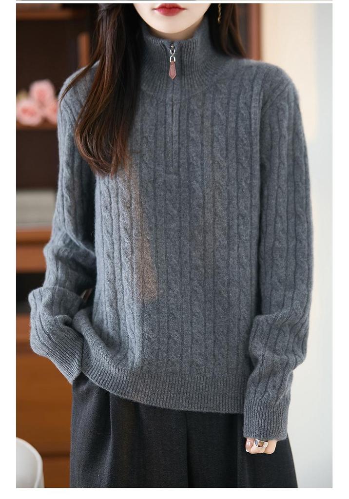 Women's Polo Collar 100% Pure Wool Sweater - Thickened, Zip-Up, Cable Knit, Long Sleeve Base Layer for Autumn and Winter