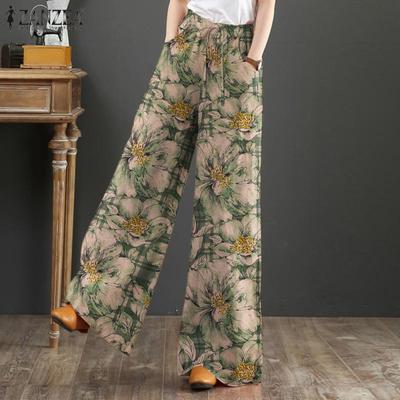 Pantaloni da donna a gamba larga con vita elastica casual con stampa floreale
