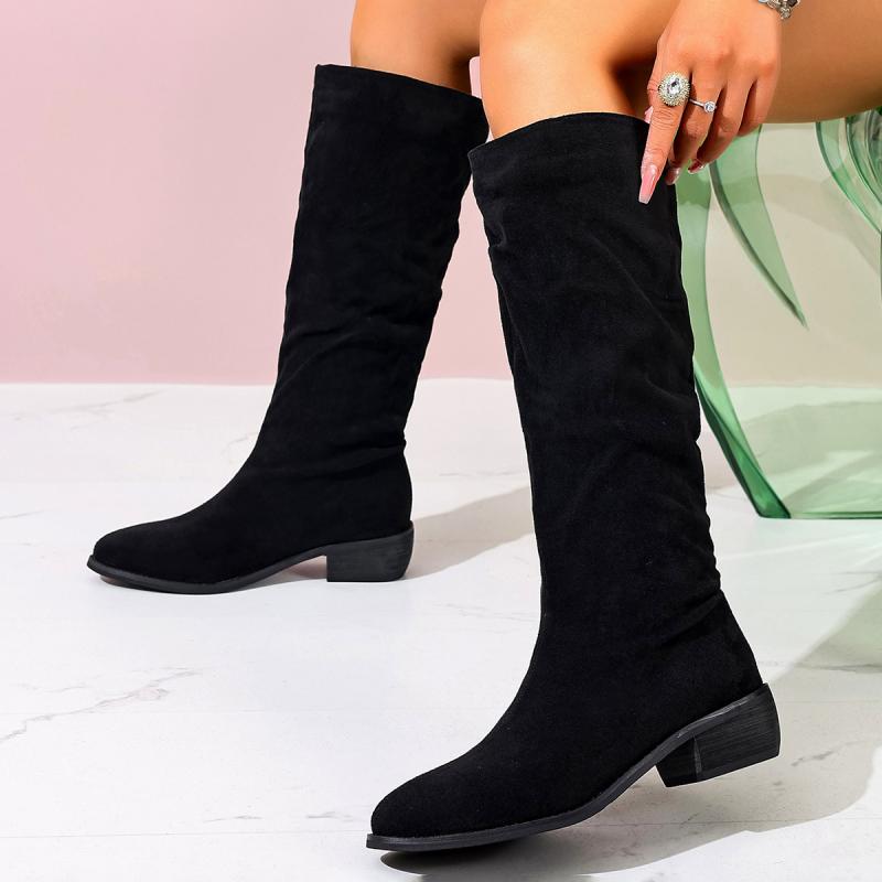 Sexy Leopard Suede Knee Boots Women 2025 Autumn Pointed Toe Medium Heel Slip On Long Boots Brand Design Soft Pleated Boots