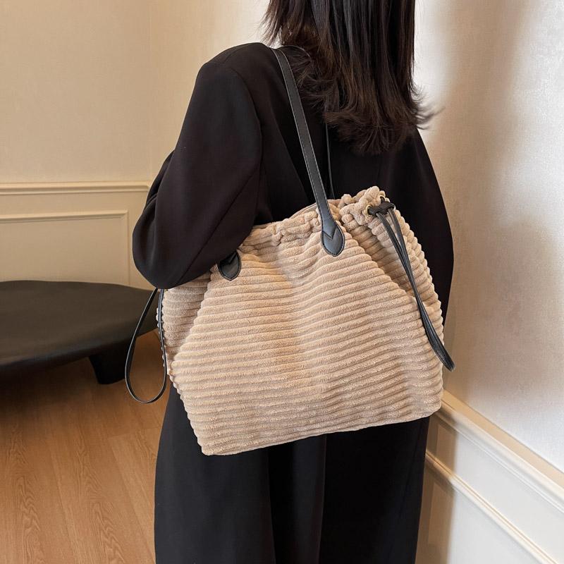 Corduroy Bag Women's Drawstring Shoulder Bag Commuter Tote Bag