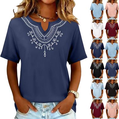 Cotton And Linen Embroidered Shirt V-Neck Color Women's Artistic Loose Fitting Short Sleeved Summer