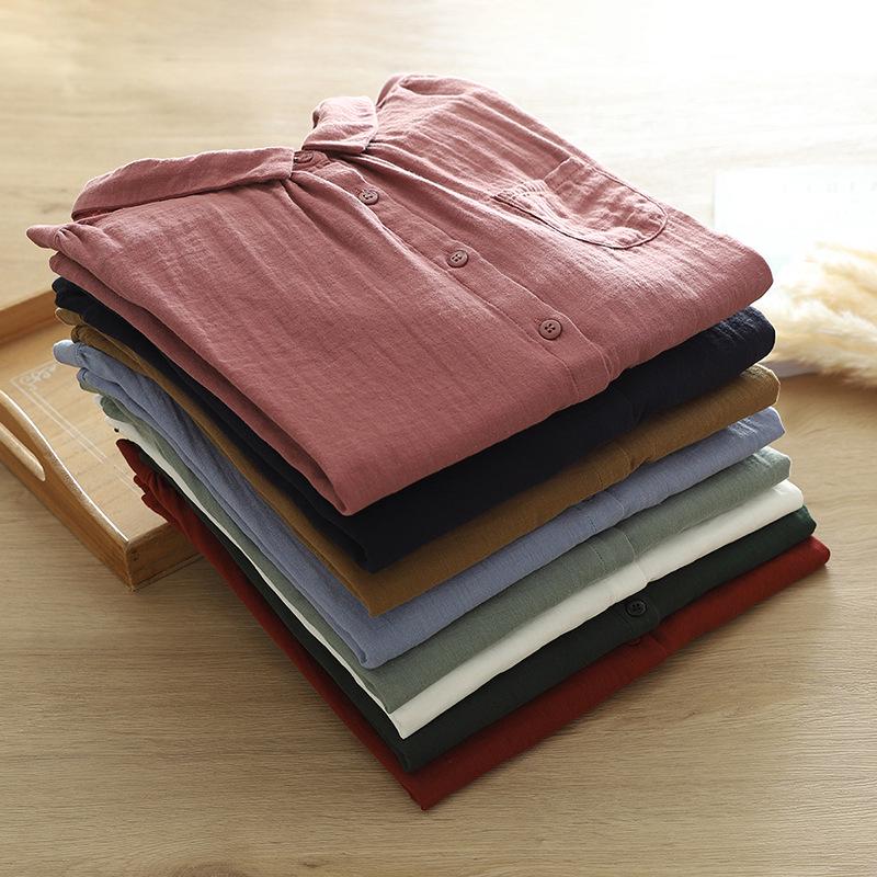 Pure Cotton Women's Lapel Pleated Blouse - Solid Color, Long Sleeve, Double Layer Yarn, Spring/Autumn.