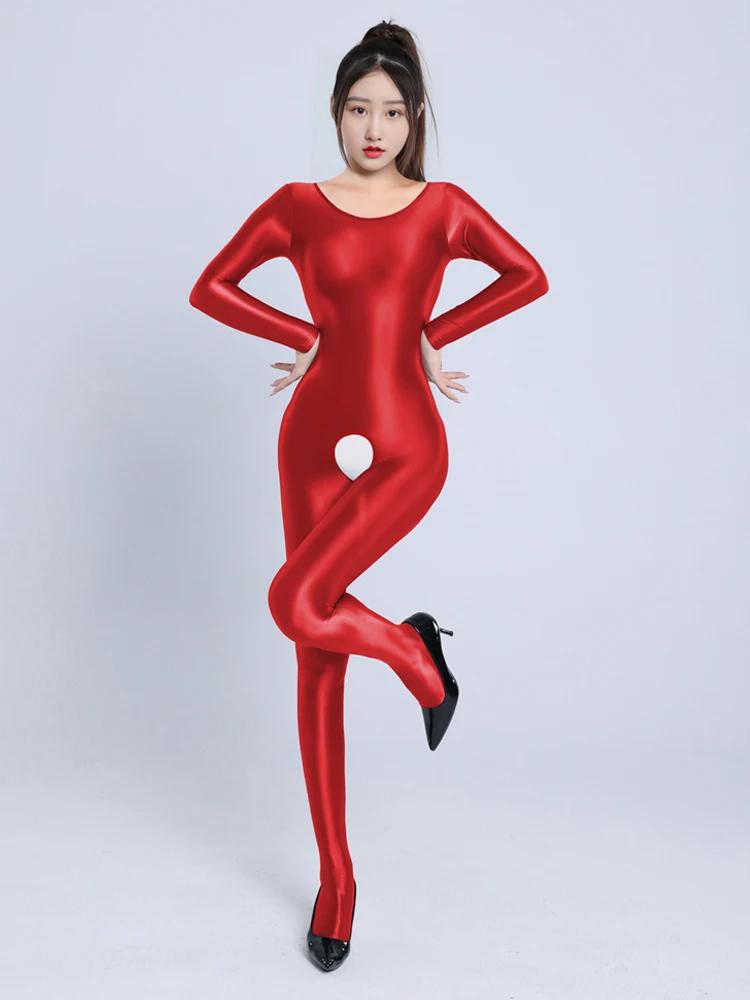 Erotic Crotchless Lingerie Women Full Body Jumpsuit Oil Shiny Elastic Bodysuit Long Sleeve Bodycon Yoga Sport Gym Fitness Romper