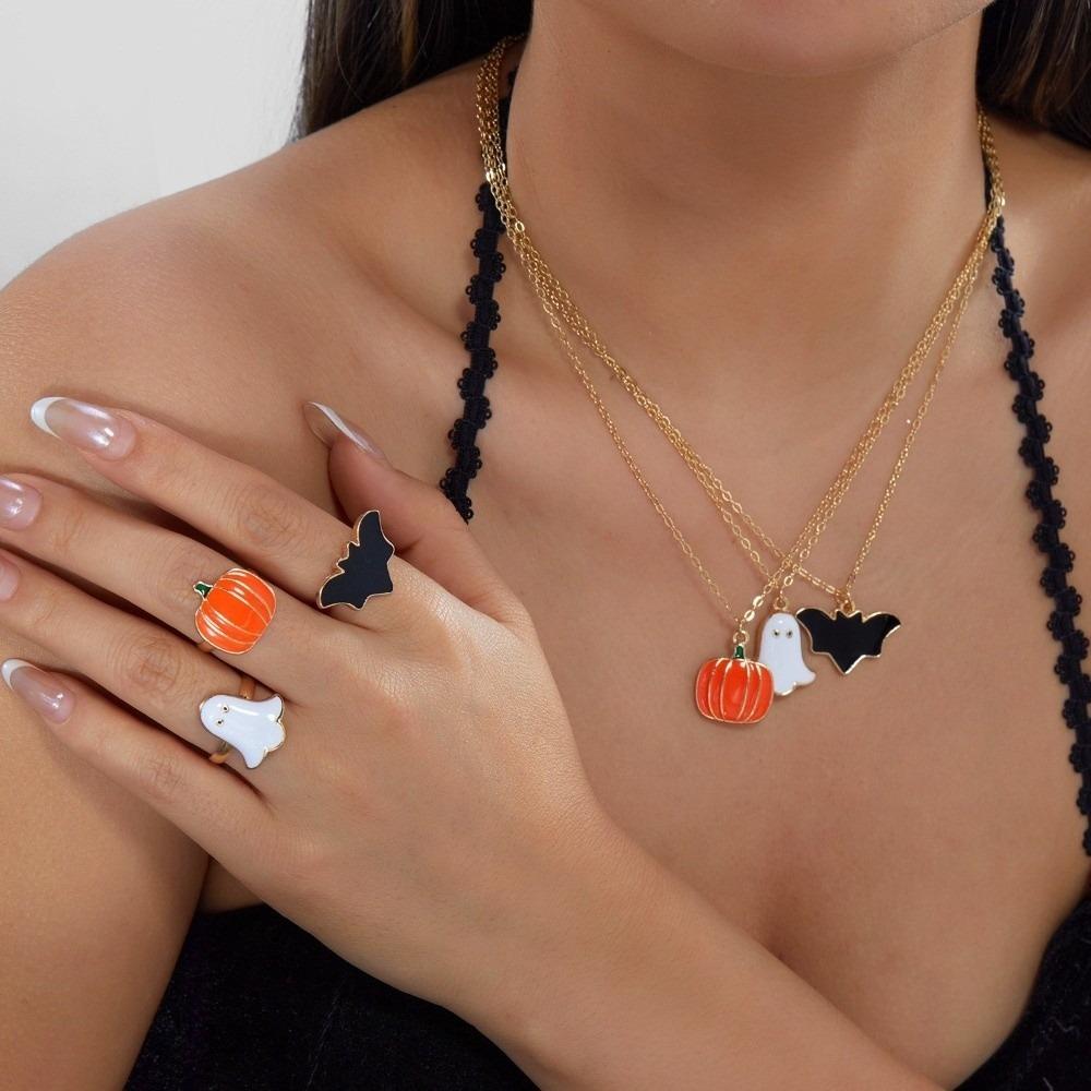 Metal Pumpkin Pendant Ring Enamel Ghost Pendant Jewelry Cute Halloween Jewelry Set Women