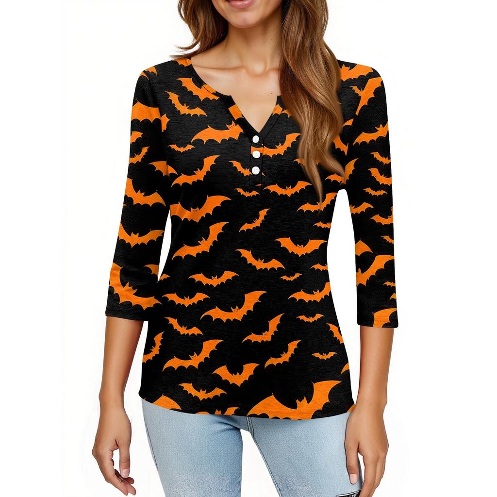 Damen-T-Shirt mit Halloween-Aufdruck und Knopfleiste, 3/4-Ärmel, modisch für den Alltag und das Wochenende, Basic, V-Ausschnitt, normales Oberteil