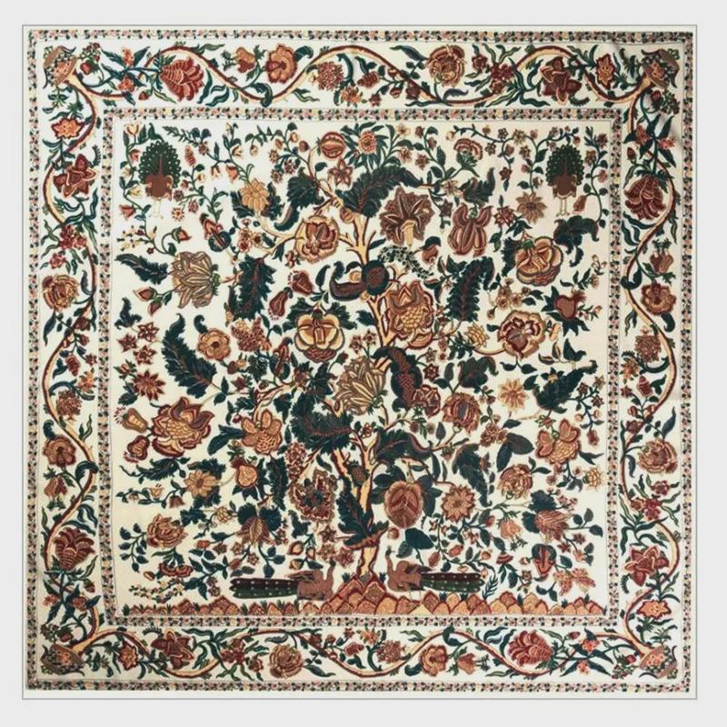 "New European and American Jungle Floral Bird Print 130cm Silk Twill Satin Square Scarf Shawl"