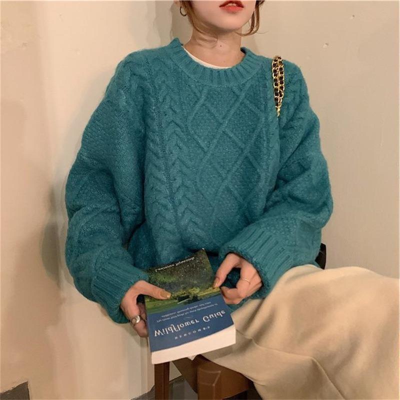 Thickened crew neck twist sweater women's new autumn and winter wear lazy wind loose pullover bottoming knitted top