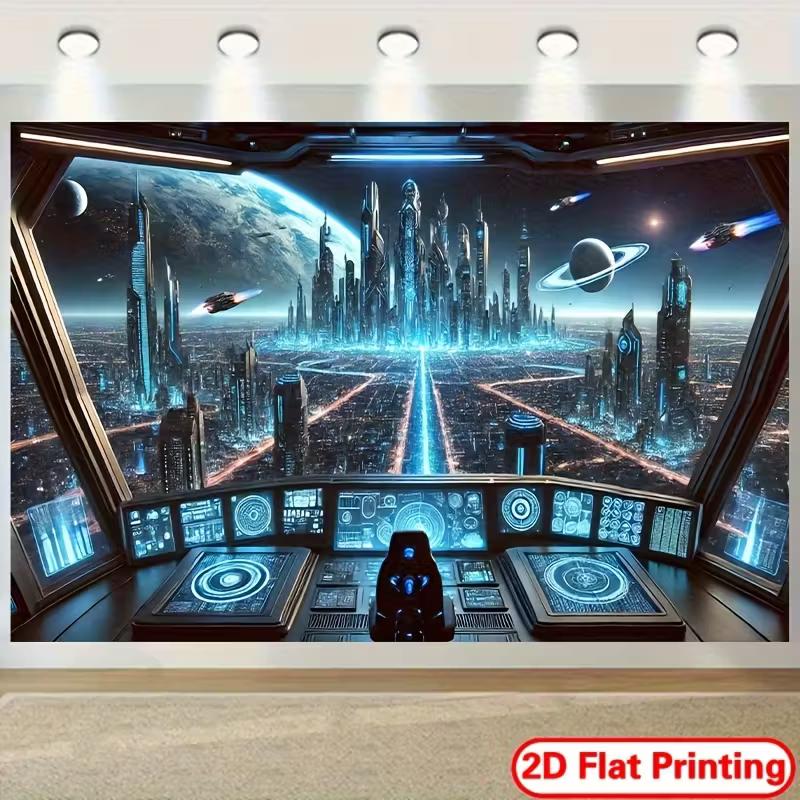 Futuristic Outer Space City Tapestry, Alien Planet Backdrop for Living Room Decor