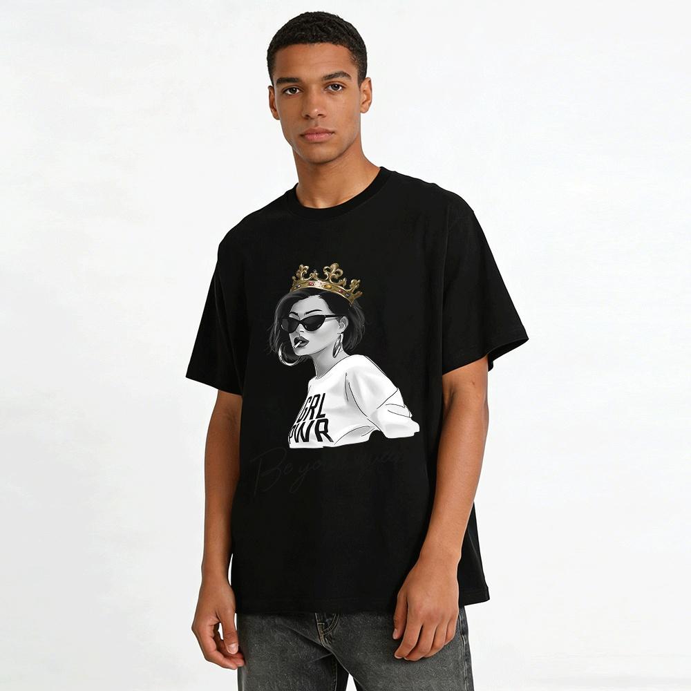 GRL PWR Be Your Queen Crown Print Casual Crewneck T-Shirt Pure cotton T-shirt