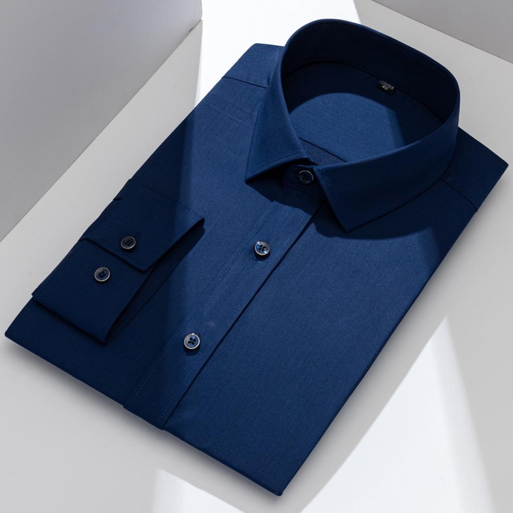 

Мужская однотонная классическая рубашка с длинным рукавом и отложным воротником, без кармана, стандартного кроя, всесезонная, комфортная, тянущаяся, из бамбукового волокна, для делового офиса 40 темно-синий