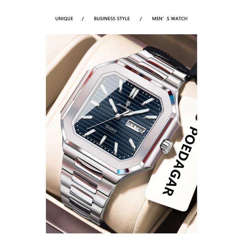 POEDAGAR Luxury Square Fashion Man Wristwatch Waterproof Luminous Date Week Quartz Watches Stainless Steel Watch