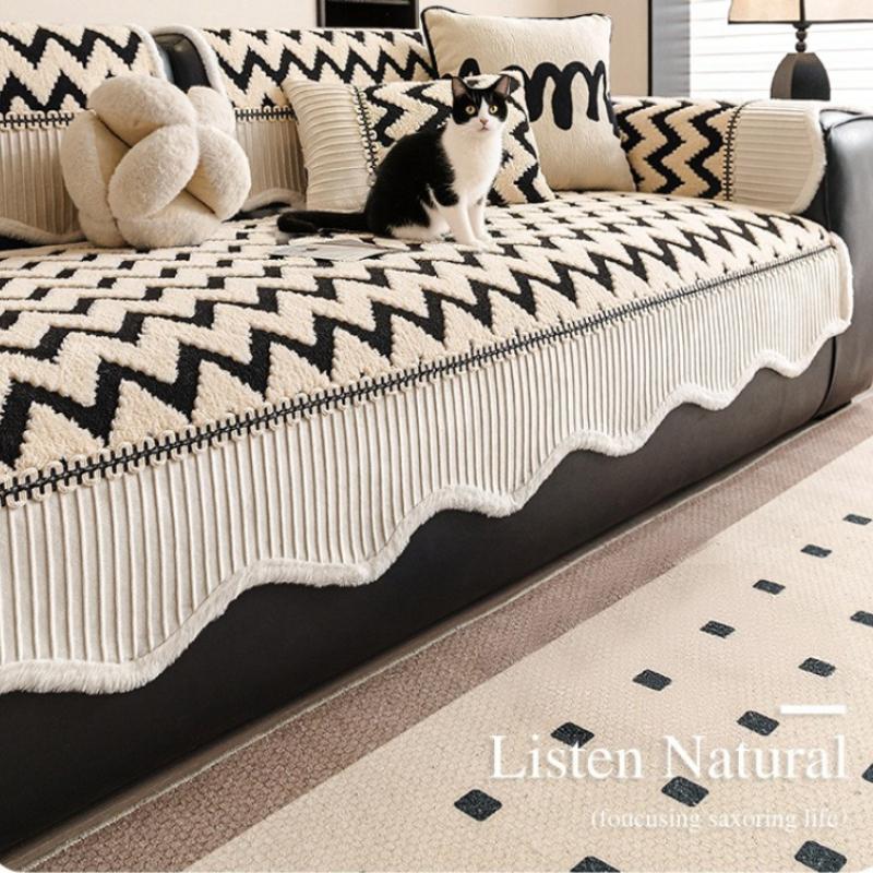 Black White Luxury High-End Sofa Cover  New Thick Plush Leather Sofa Cushion Cover Anti Slip Wear-Resistant Warm Sofa Cover