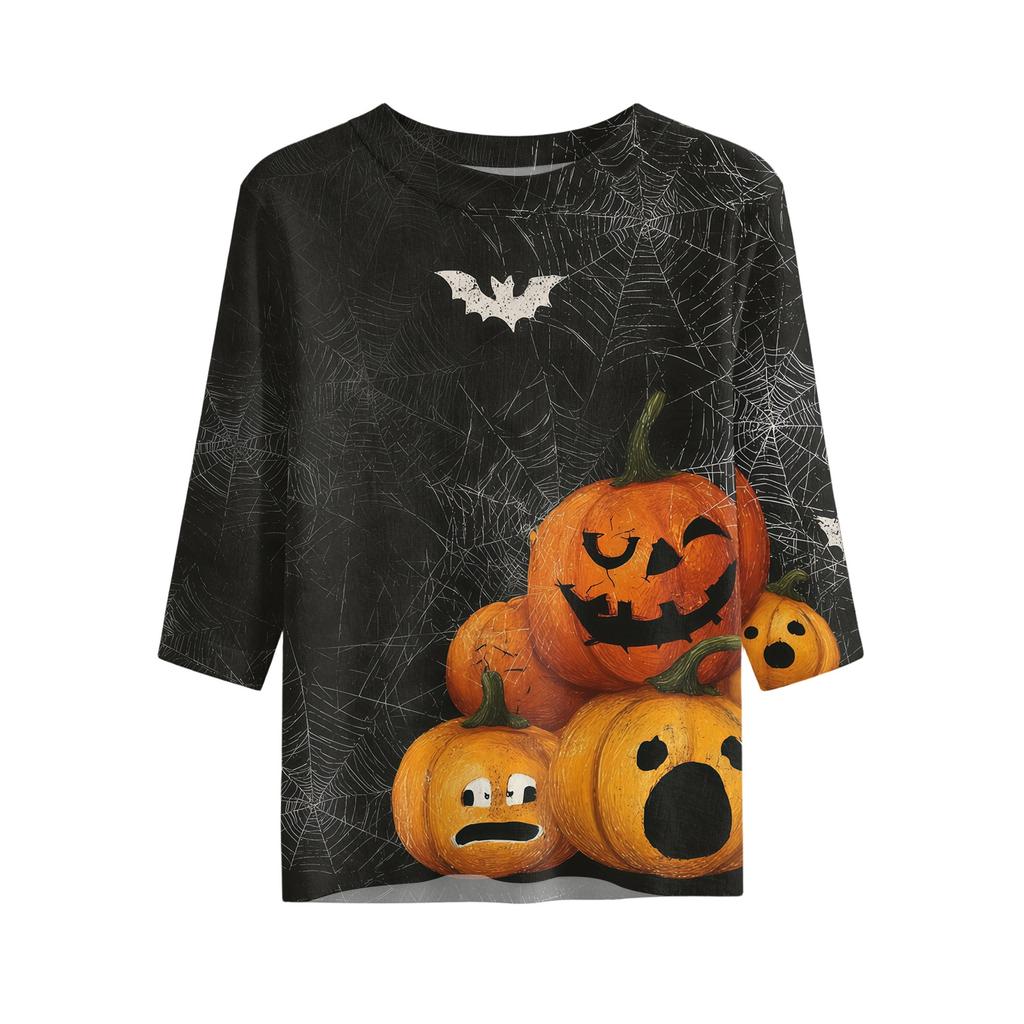 Women's Casual Loose Fit Half Sleeve Top Round Neck Lightweight Comfortable Halloween Pumpkin Print Shirt for Everyday Wear