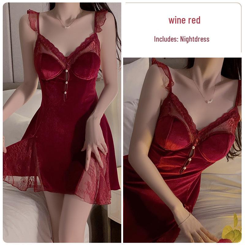 Gorgeous Lace See-Through Deep V Velvet Nightgown & Robe Set with Padding - Sweet Temptation 3908