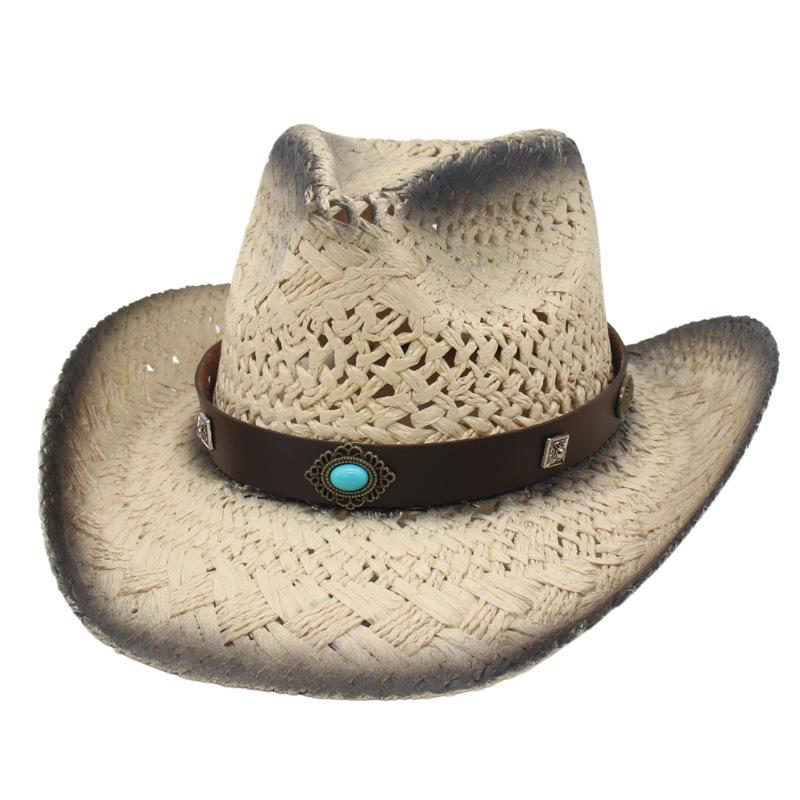 Cowboy Straw Hat Women'S Belt Decorative Sunscreen Shade Beach Hat Cowboy Hat Panama Hollow Straw Hat