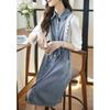 Casual Denim Dress Spring Simple Elegant Collar Contrast Stitching Drawstring Waist