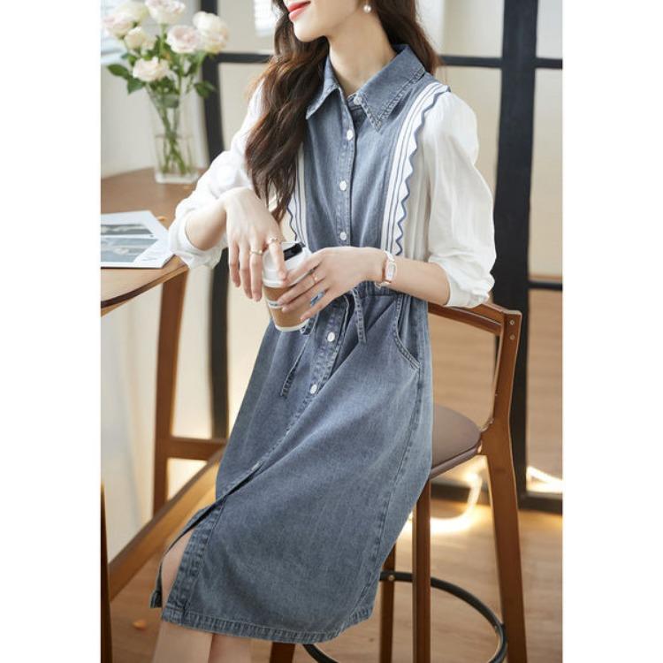 Casual Denim Dress Spring Simple Elegant Collar Contrast Stitching Drawstring Waist
