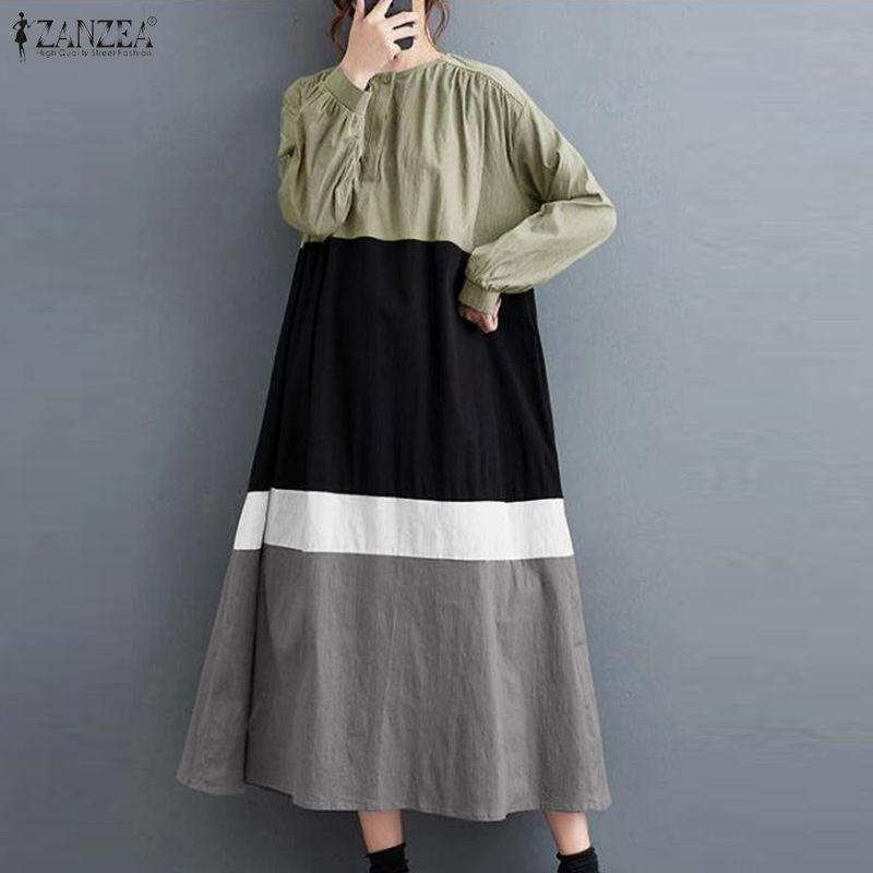 ZANZEA Women Round Neck Long Sleeve Loose Casual Patchwork Long Dress