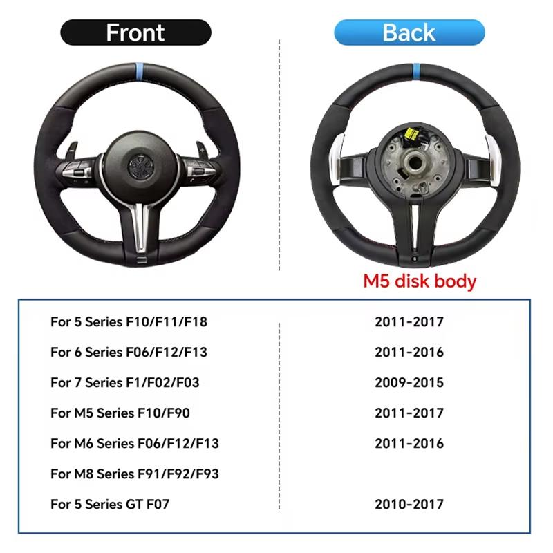 The all-new BMW series M5 F10 F11 F06 F12 F13 F91 F92 F01 F02 upgraded steering wheel is made of semi Alcantara silk leather.