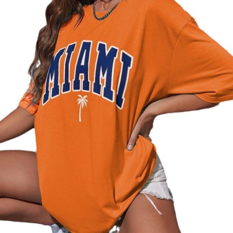 MIAMI Kokospalme Kombinasjonstrykk Stor Størrelse T-skjorte med Lav Skuldersøm for Kvinner Sommer Mote Casual Dame Topp Slapp Stil