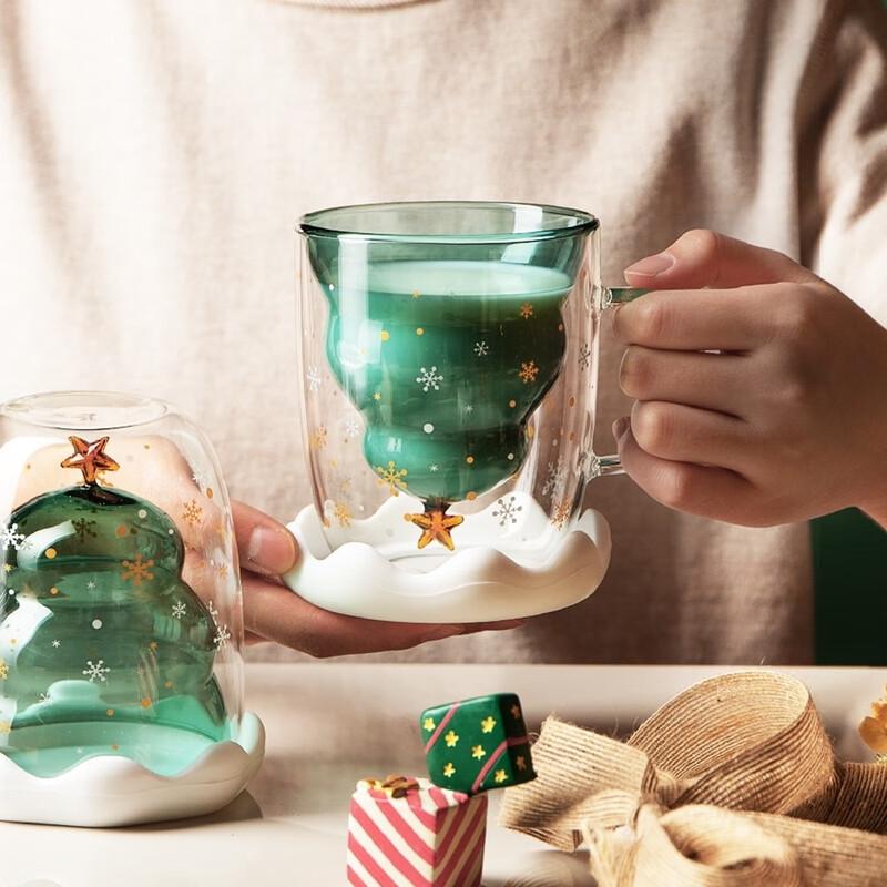 IMVE Double-Layer Insulated Christmas Glass Coffee Cup with Lid