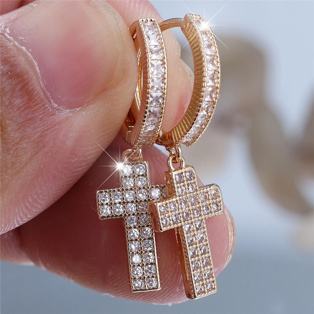 Charm Female Small White Round Zircon Cross Hoop Earrings Vintage Silver Color Simple Wedding  For Women