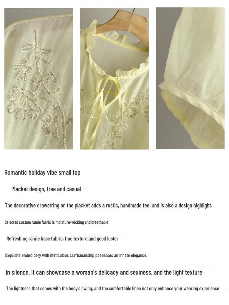 Cămașă Endi pentru Femei, Galben Deschis, Decolteu în V, cu Volane, Șireturi, Broderie cu Mărgele, din Ratin