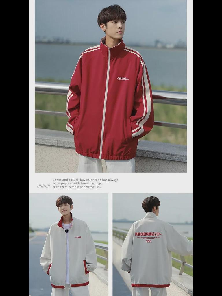 Hong Kong Style Men's Striped Two-Sided Stand-Up Collar Jacket - Casual Loose Fit for Spring and Autumn