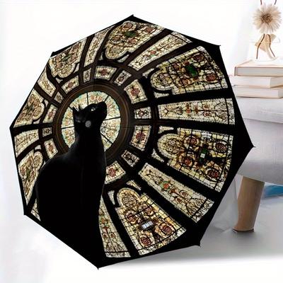 1pc Stained Glass Cat Automatic Open/Close Umbrella with Windproof, Functional Design, 8-Rib Sturdy Canopy