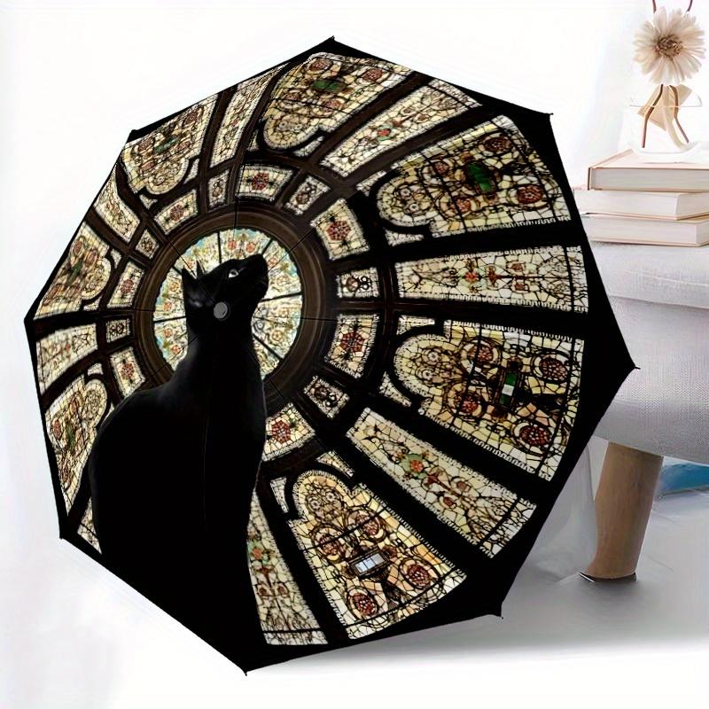 1pc Stained Glass Cat Automatic Open/Close Umbrella with Windproof, Functional Design, 8-Rib Sturdy Canopy