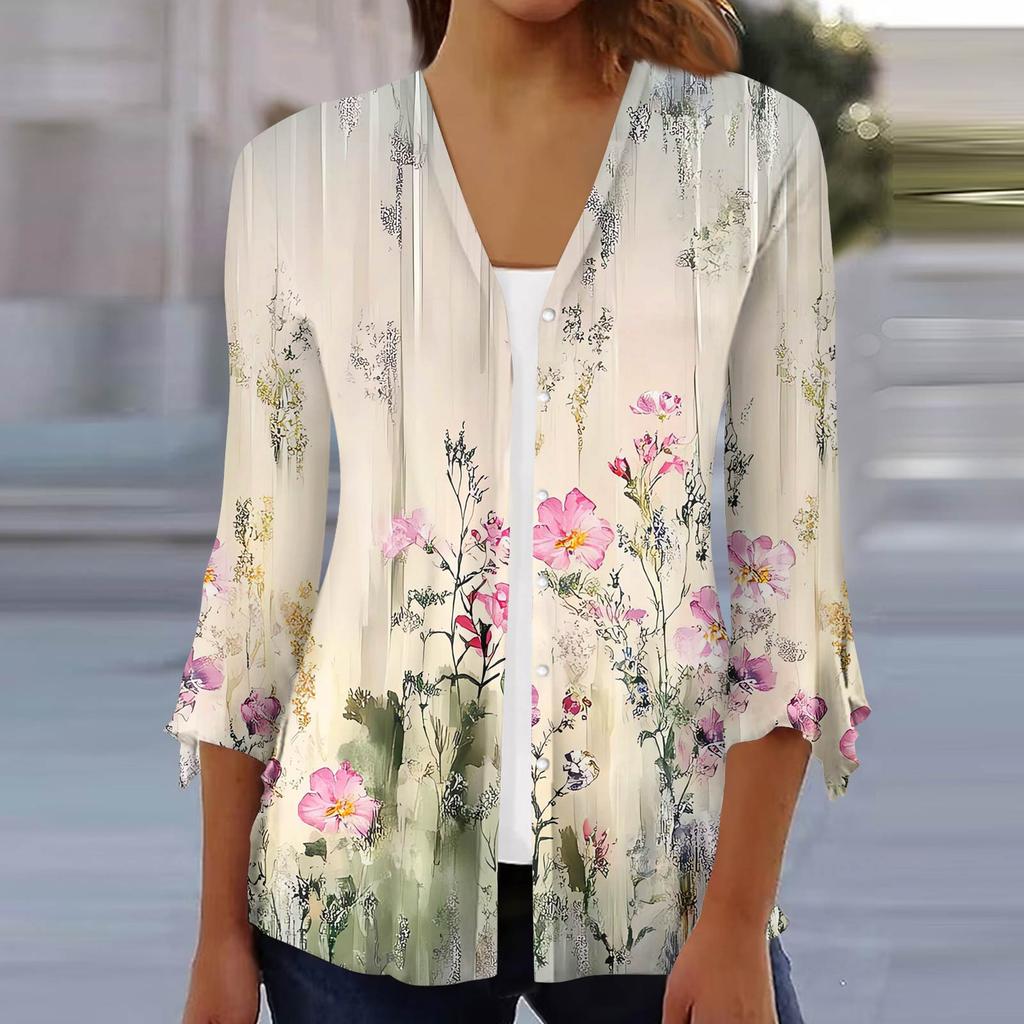 Women's Fashion Loose Casual Printed Seven-Part Sleeve Button Down Blouse Cardigan Top