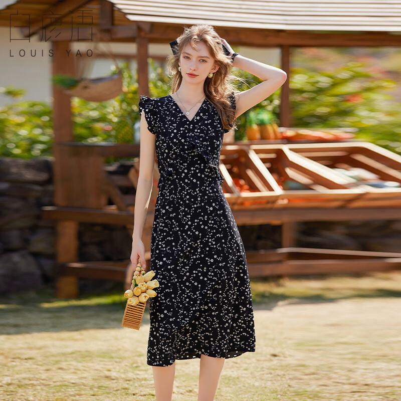 

Bailuyu Elegant Summer V-Neck Printed Ruffle Sleeve Long Dress L