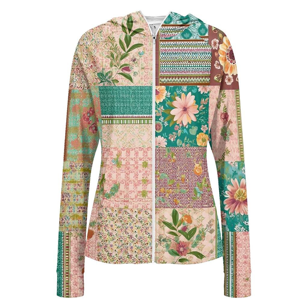 Women Lightweight Hooded Sun Protection Jacket Full Zip Long Sleeve Printed Pocket Outdoor Activewear Windbreaker