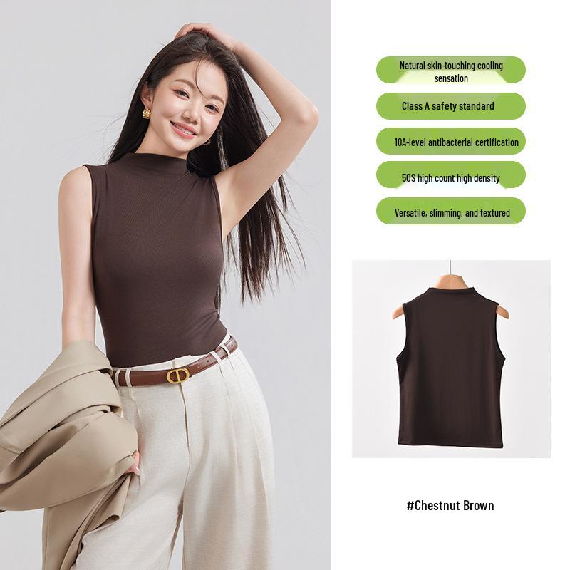 Ice-Feel Breathable Tencel Knit Women s High Neck Sleeveless Top L (50-57.5 kg)