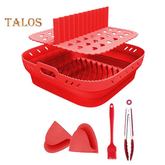 Silicone Air Fryer Liner Set Square with Mittens Dividers Oil Brush Food Clip Reusable Heat Resistant Easy-Clean Baking Mold for Multi-Ingredient