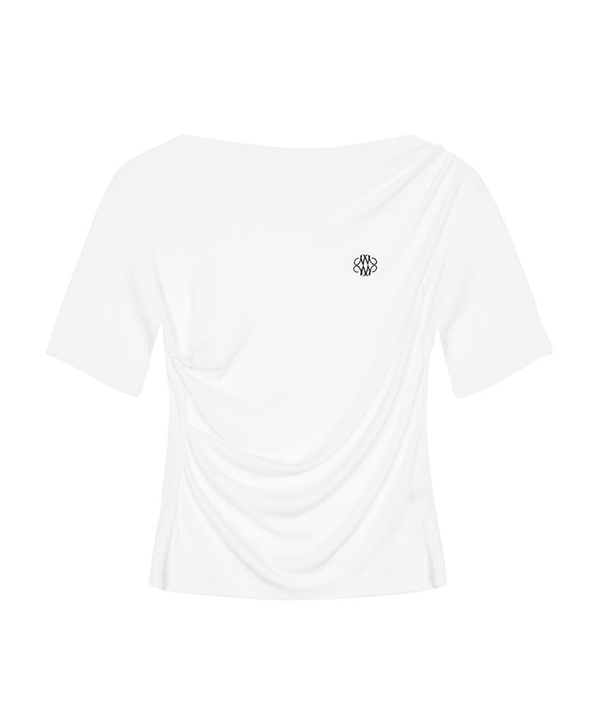 Nigaennikol Half Shirring Drape Boat Neck Top_White