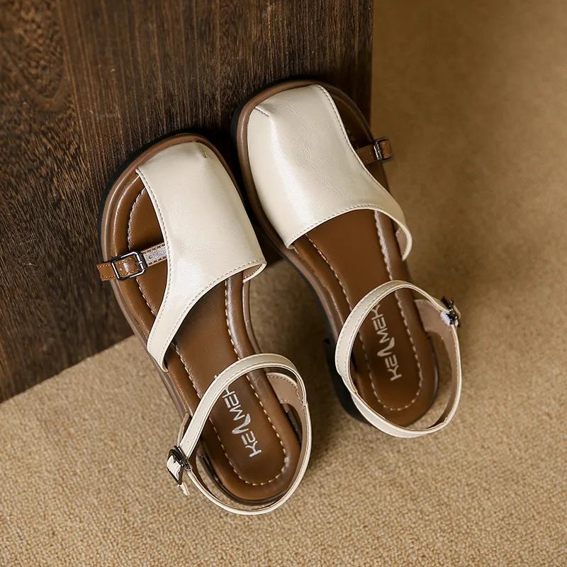 Beige Heeled Sandals Buckle Strap Comfort Shoes for Women 2025 Summer Black Flat Clear Low Fashion New Closed Girls Fretwork Cas