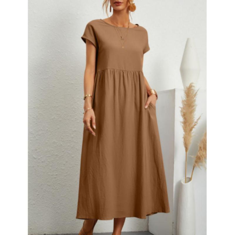 Women's Elegant Solid Color Dress Summer Short Sleeve O-Neck Vintage Harajuku Cotton Linen Comfortable Loose Pocket Long Dress