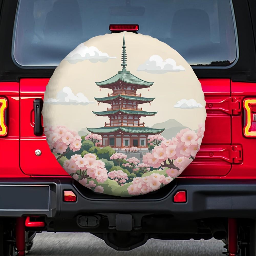 Japanese Pagoda Cherry Blossom Spare Tire Cover Polyester Waterproof SUV Protector