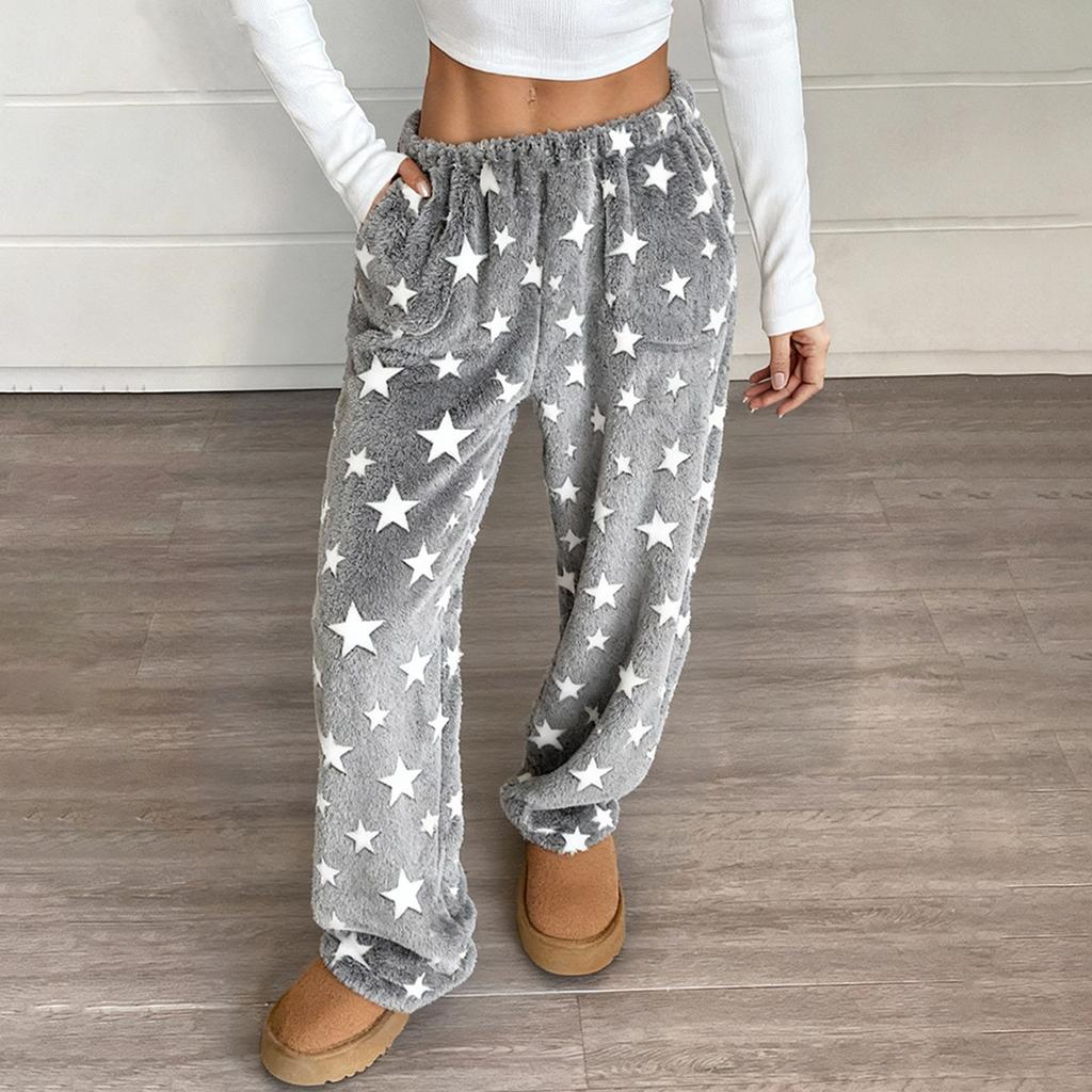 Dámské pyžamové kalhoty, Plyšové pyžamové kalhoty, Měkké pyžamové kalhoty s elastickým pasem, Kalhoty s hvězdami a 2 kapsami
