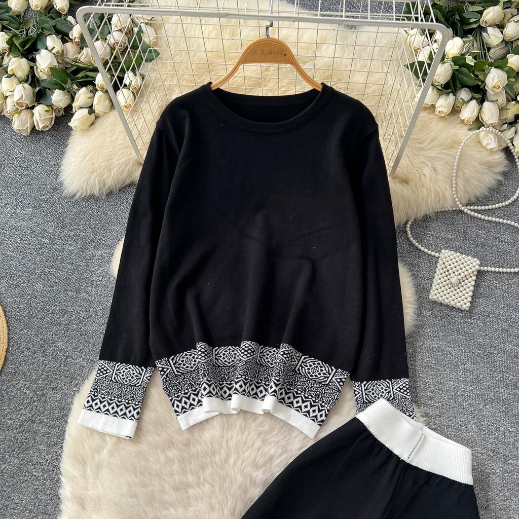 Autumn Winter Women Vintage Jacquard Knitted Sweater Trouser Two Piece Set Full Sleeve Pullover Tops and Wide Leg Pant Tracksuit