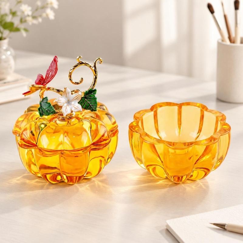 Decorative Glass Pumpkin Container with Removable Fitted Lid for Covered Small-Item Storage and Tabletop Display
