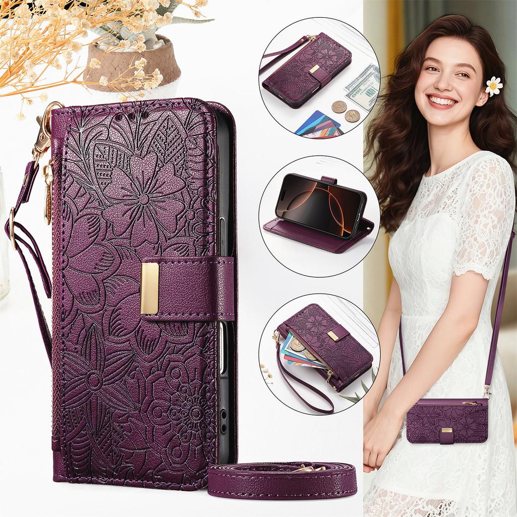 Floral Leather Wallet Case for Samsung Galaxy A05-A71 / S24-S25 series...with Detachable Shoulder Strap