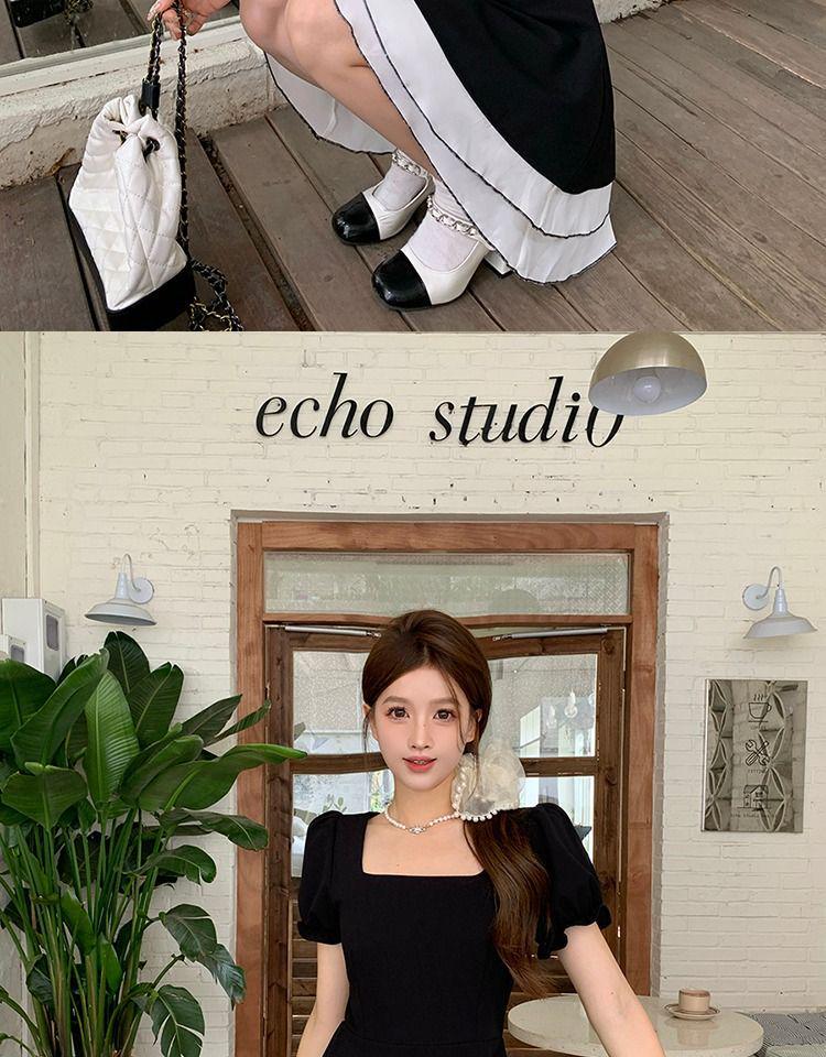 2026 Summer Black Swan Color Block A-line Little Black Dress with Short Sleeves - Hepburn Style
