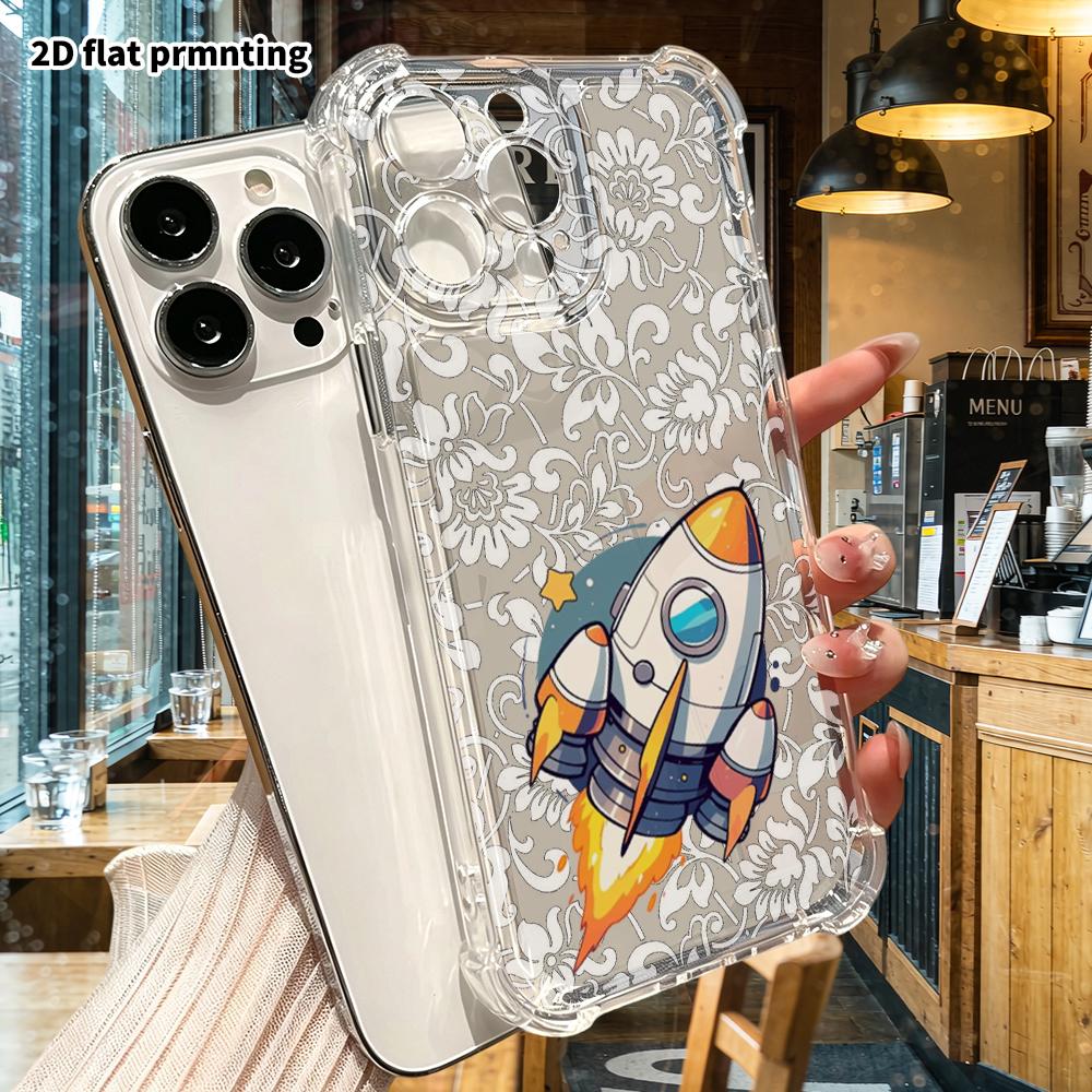 Phone Case: 2D Flat Suitable for iPhone 18 17 16 15 14 13 Pro, Transparent Four Corner Protective Case, Cartoon Rocket, Christmas and Halloween Gift